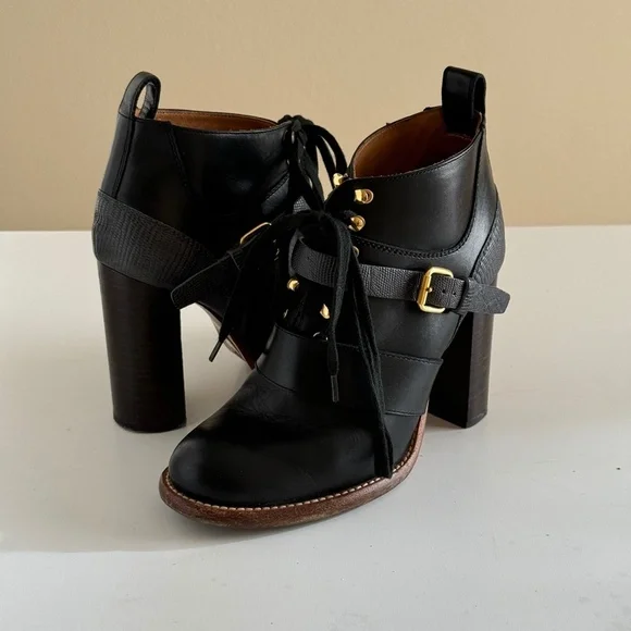 Chloe ankle boots black two tone lace up belted Bernie shoes Women's sz 5.5 us - Picture 2 of 10